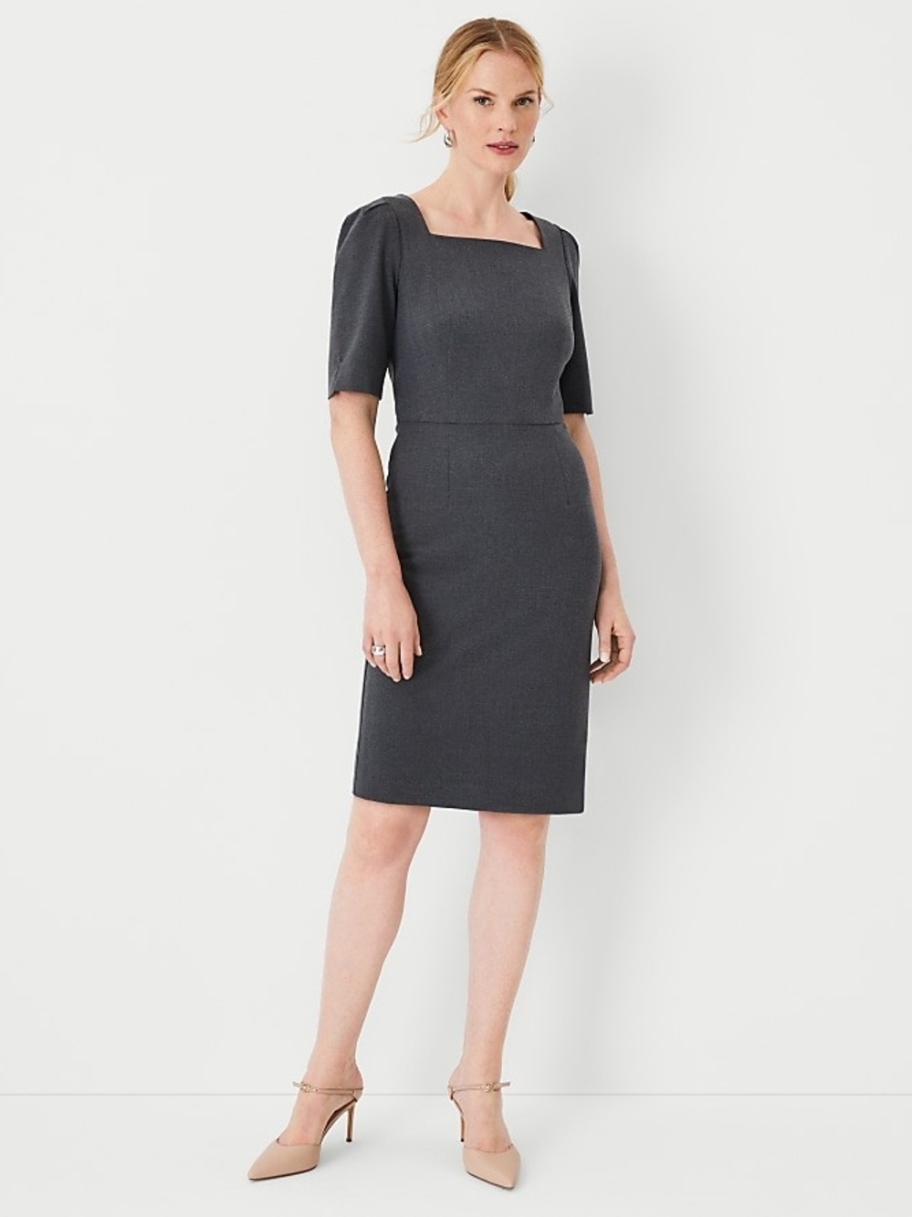 Ann Taylor Charcoal Square-Neck Midi Sheath Dress
